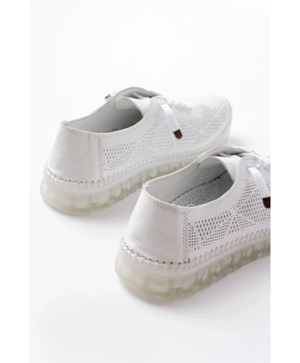 S-365  Beyaz Desenli Hakiki Deri Şeffaf Taban Kadın Spor Ayakkabı