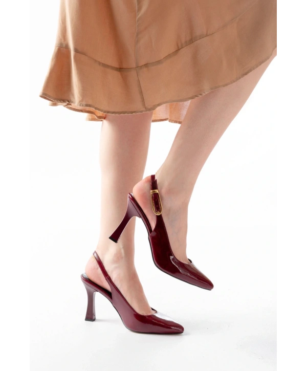 719 Bordo Rugan Sivri Burunlu Toka Detaylı  Topuklu Kadın Ayakkabı