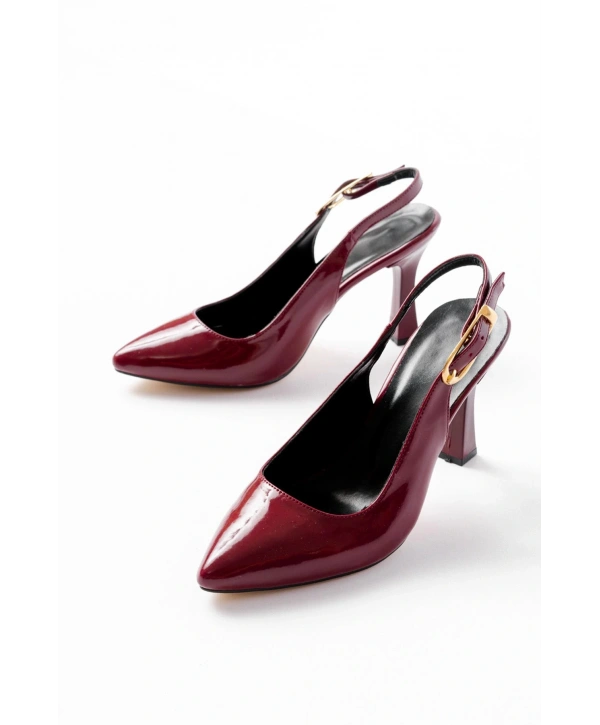 719 Bordo Rugan Sivri Burunlu Toka Detaylı  Topuklu Kadın Ayakkabı