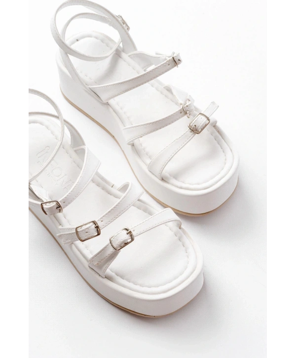 861-1222 Beyaz Tokalı Bilekten Bağlamalı Dolgu Kadın Sandalet