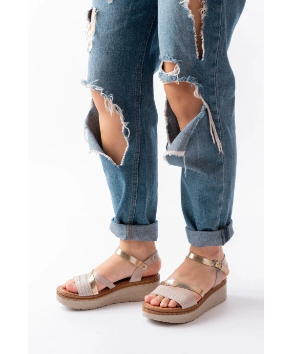 730-044 Bej Garni Ortopedik Örgü Desenli Hakiki Deri Dolgu Kadın Sandalet