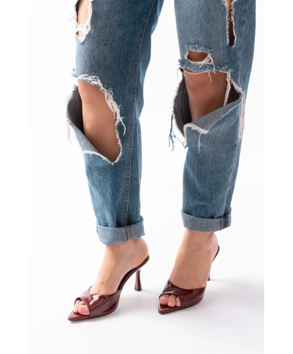 716 Bordo Rugan Sivri Burunlu Topuklu Kadın Terlik