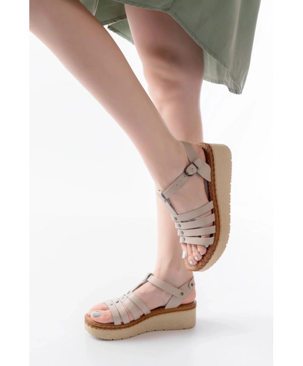 730-142 Bej Hakiki Deri Ortopedik Taban Kadın Sandalet