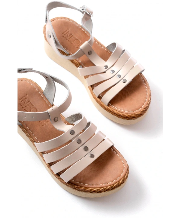 730-142 Bej Hakiki Deri Ortopedik Taban Kadın Sandalet