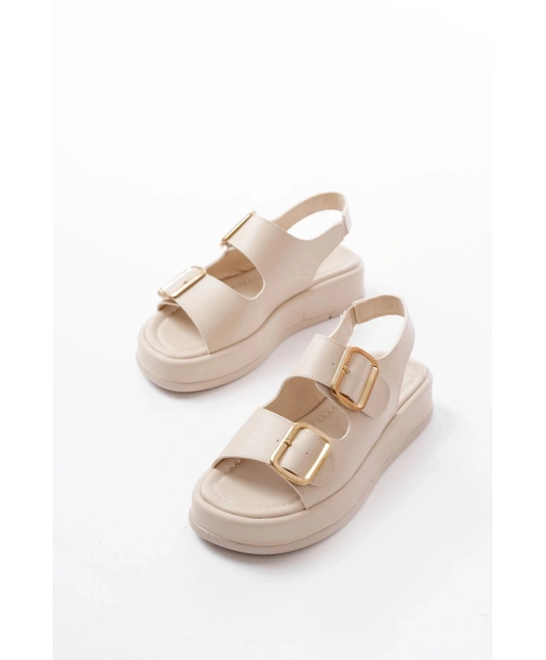 1187 Bej Dolgu Topuk Lastik Baretli  Kadın Sandalet