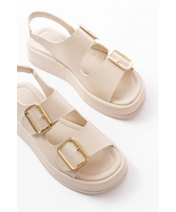 1187 Bej Dolgu Topuk Lastik Baretli  Kadın Sandalet