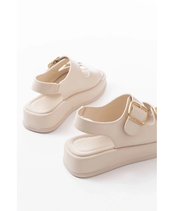 1187 Bej Dolgu Topuk Lastik Baretli  Kadın Sandalet