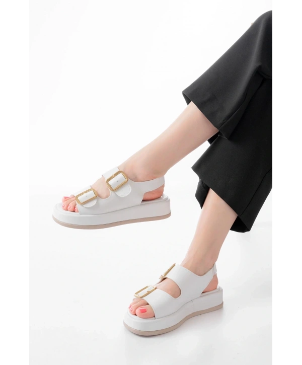 1187 Beyaz Dolgu Topuk Lastik Baretli  Kadın Sandalet