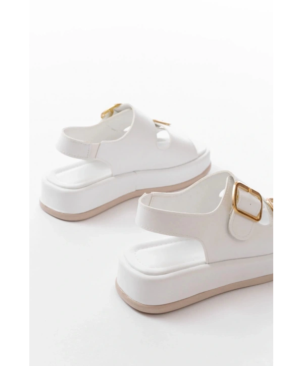 1187 Beyaz Dolgu Topuk Lastik Baretli  Kadın Sandalet