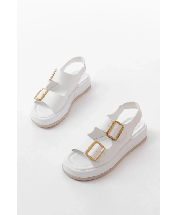 1187 Beyaz Dolgu Topuk Lastik Baretli  Kadın Sandalet