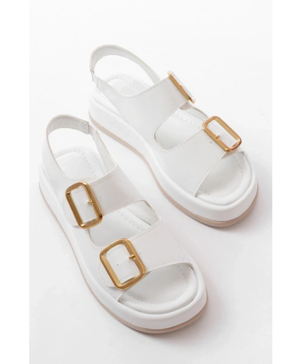 1187 Beyaz Dolgu Topuk Lastik Baretli  Kadın Sandalet