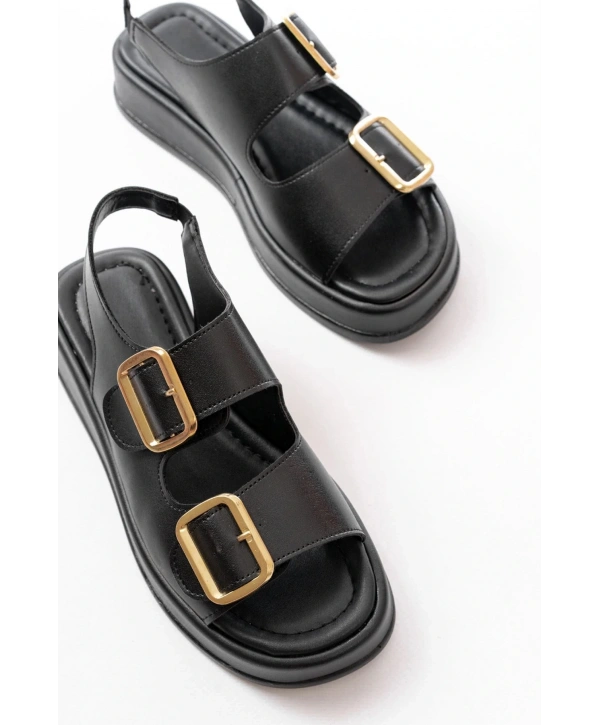 1187 Siyah Dolgu Topuk Lastik Baretli  Kadın Sandalet