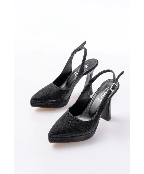 B-2101 Siyah Günlük Arkası Açık Yılan Desenli Topuklu Bayan Ayakkabı