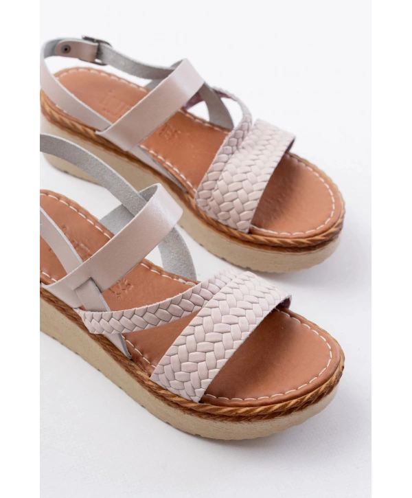 730-152 Bej Örgü Desenli Hakiki Deri Ortopedik Taban Kadın Sandalet