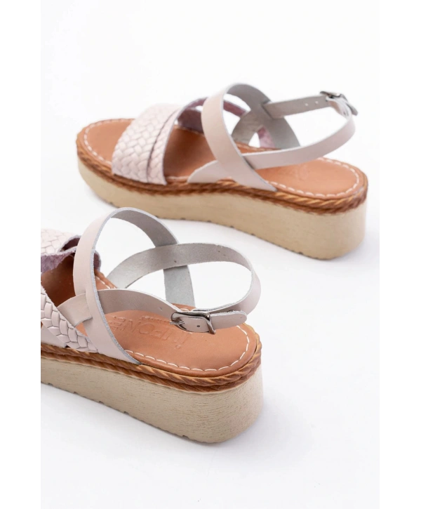 730-152 Bej Örgü Desenli Hakiki Deri Ortopedik Taban Kadın Sandalet