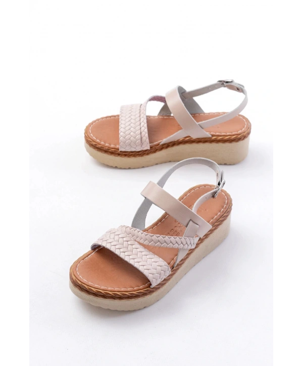 730-152 Bej Örgü Desenli Hakiki Deri Ortopedik Taban Kadın Sandalet