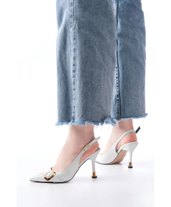 İNF-1151 Beyaz Günlük Arkası Açık Topuklu Bayan Ayakkabı