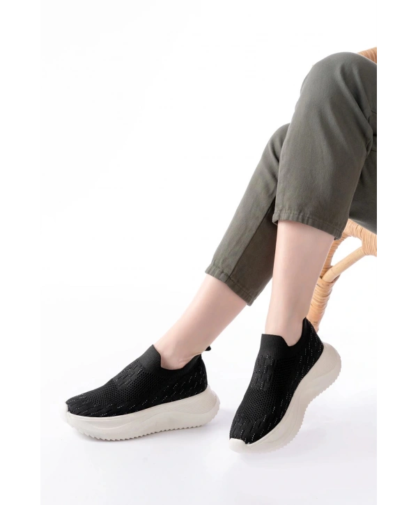 DM-707  Siyah Fileli Beyaz Faillant Taban Taş Aksesuarlı Günlük Spor Ayakkab