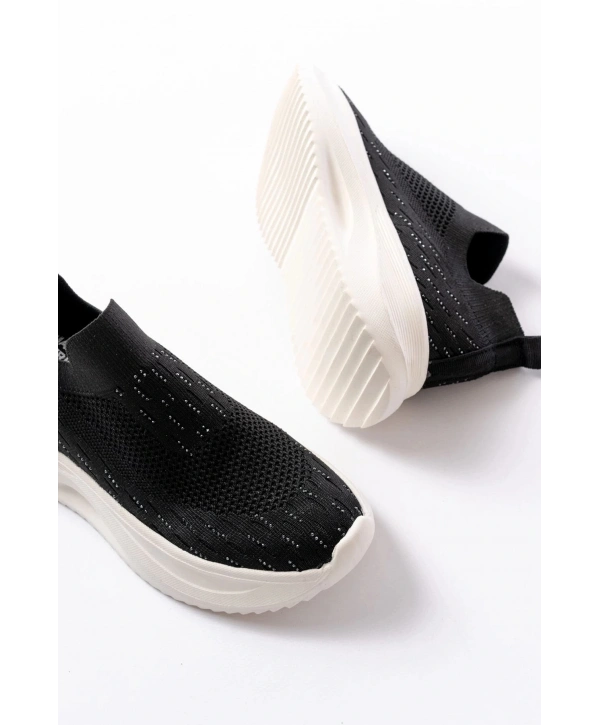 DM-707  Siyah Fileli Beyaz Faillant Taban Taş Aksesuarlı Günlük Spor Ayakkab