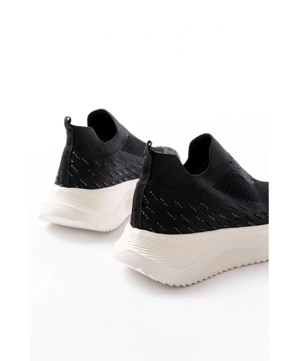 DM-707  Siyah Fileli Beyaz Faillant Taban Taş Aksesuarlı Günlük Spor Ayakkab