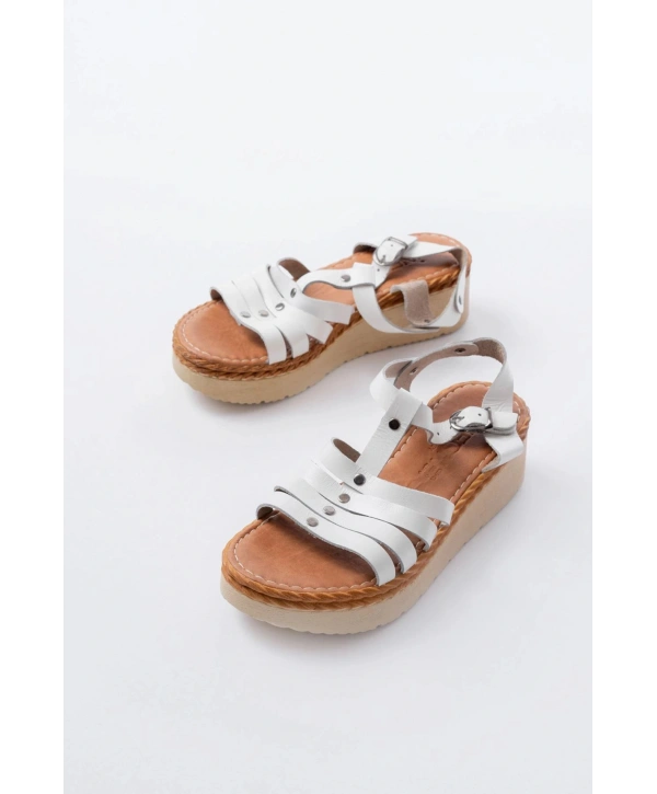 730-142 Beyaz Hakiki Deri Ortopedik Taban Kadın Sandalet