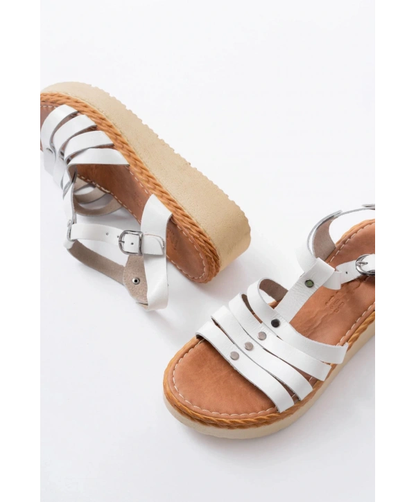730-142 Beyaz Hakiki Deri Ortopedik Taban Kadın Sandalet