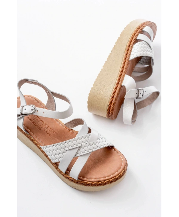 730-138 Beyaz Örgü Hakiki Deri Ortopedik Taban Kadın Sandalet