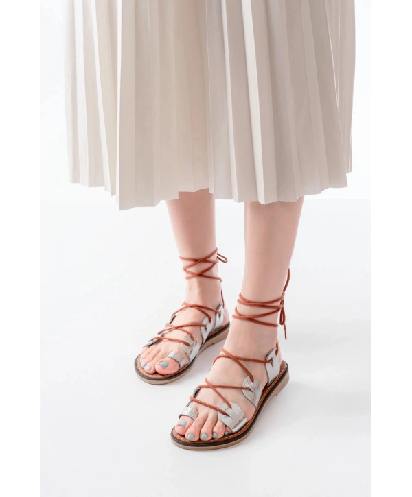 205-01 Gümüş Bilekten Bağlamalı Ortopedik Hakiki Deri Kadın Sandalet