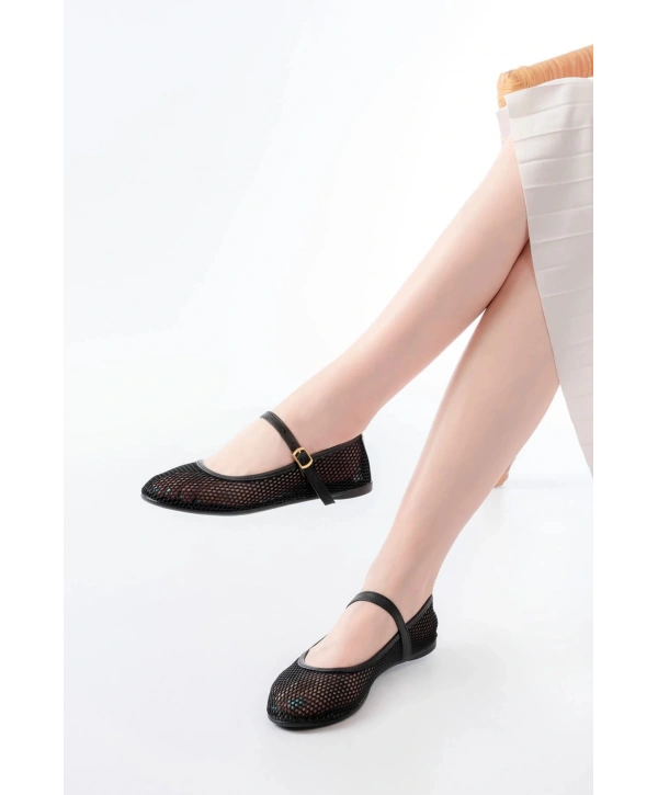 6325 Siyah Fileli Baret Toka Detaylı Günlük Kadın Babet