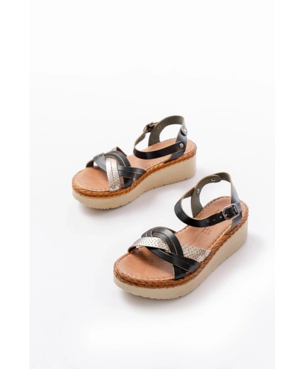 730-037 Siyah Ayna Hakiki Deri Ortopedik Taban Kadın Sandalet