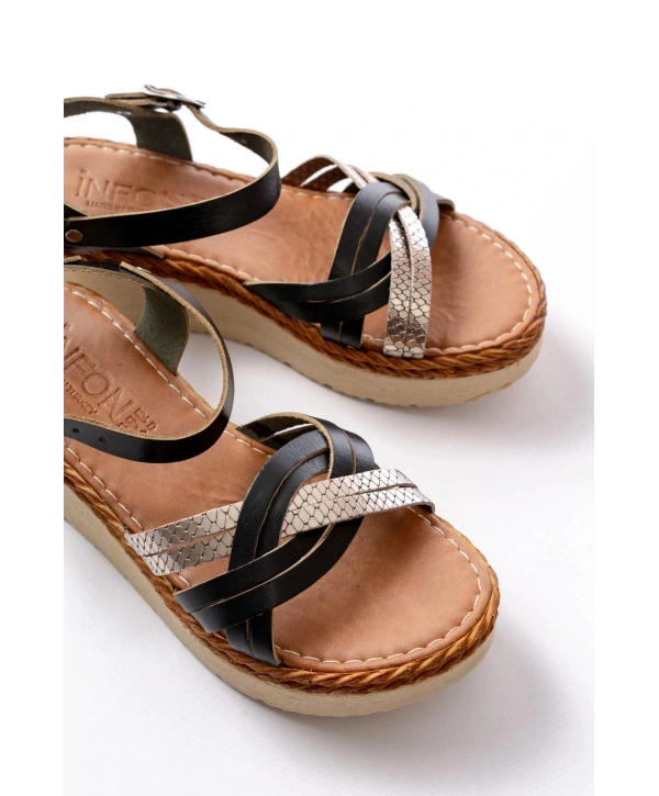 730-037 Siyah Ayna Hakiki Deri Ortopedik Taban Kadın Sandalet