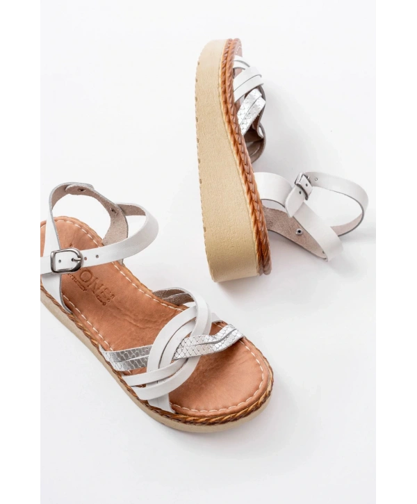 730-037 Beyaz Ayna Hakiki Deri Ortopedik Taban Kadın Sandalet