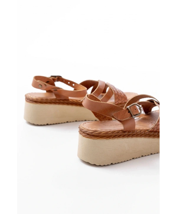 730-138 Taba Örgü Hakiki Deri Ortopedik Taban Kadın Sandalet