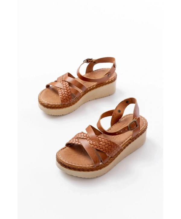 730-138 Taba Örgü Hakiki Deri Ortopedik Taban Kadın Sandalet