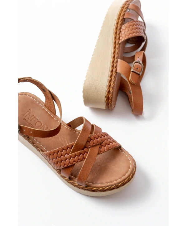 730-138 Taba Örgü Hakiki Deri Ortopedik Taban Kadın Sandalet