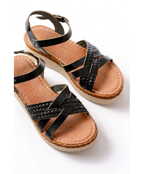 730-138 Siyah Örgü Hakiki Deri Ortopedik Taban Kadın Sandalet