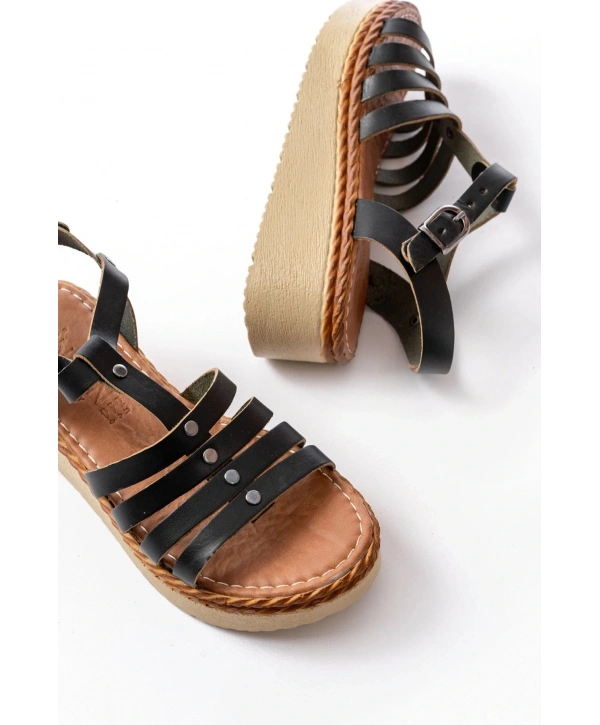 730-142 Siyah Hakiki Deri Ortopedik Taban Kadın Sandalet