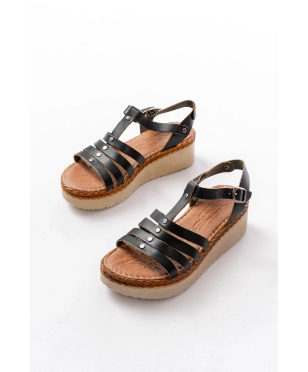 730-142 Siyah Hakiki Deri Ortopedik Taban Kadın Sandalet