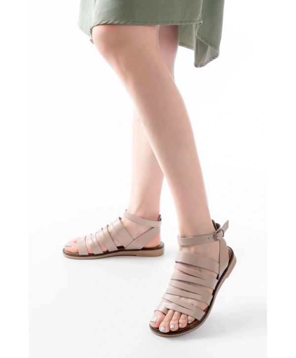 205-041 Bej Ortopedik Hakiki Deri Kadın Sandalet