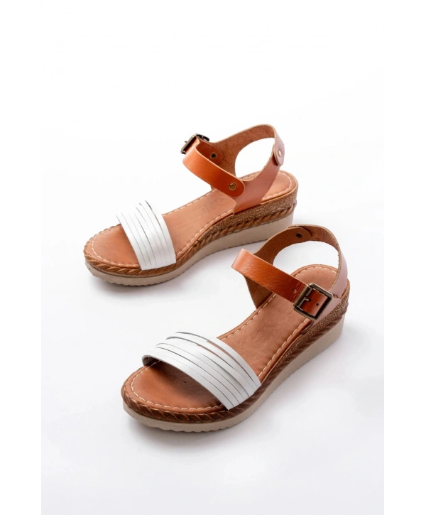 731-07 Beyaz Ortopedik Hakiki Deri Dolgu Kadın Sandalet