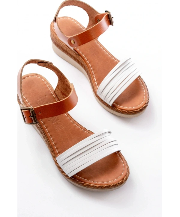 731-07 Beyaz Ortopedik Hakiki Deri Dolgu Kadın Sandalet