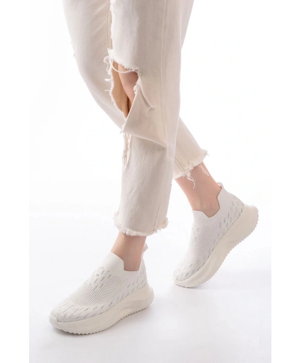 DM-707  Beyaz Fileli Faillant Taban Taş Aksesuarlı Günlük Spor Ayakkabı