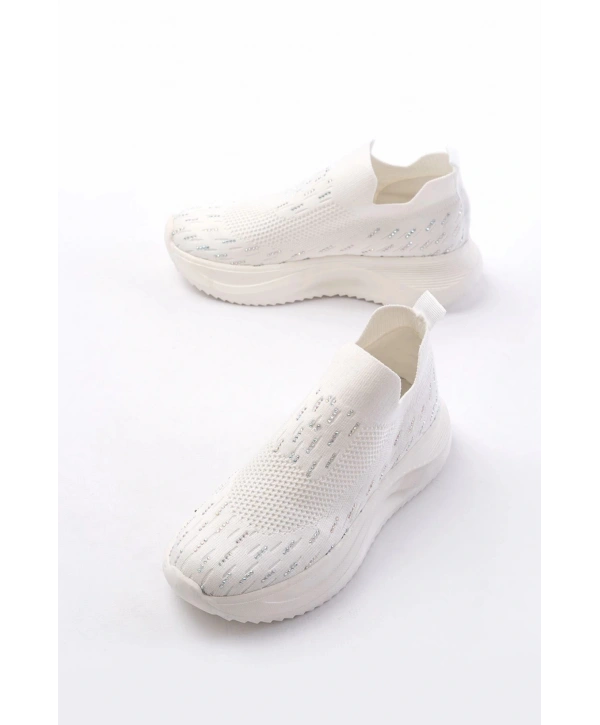 DM-707  Beyaz Fileli Faillant Taban Taş Aksesuarlı Günlük Spor Ayakkabı