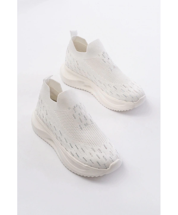 DM-707  Beyaz Fileli Faillant Taban Taş Aksesuarlı Günlük Spor Ayakkabı