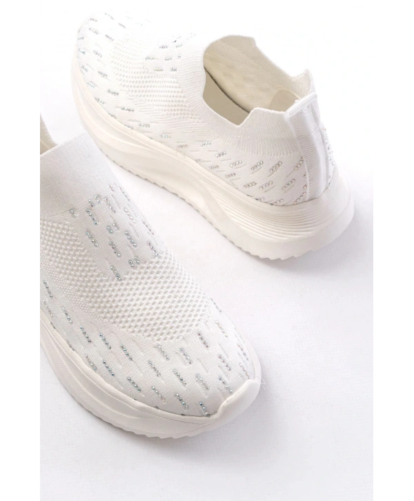 DM-707  Beyaz Fileli Faillant Taban Taş Aksesuarlı Günlük Spor Ayakkabı