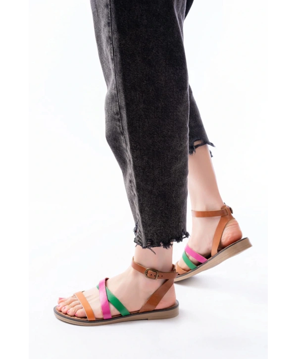 205-209 Multi Hakiki Deri Tokalı Parmak Arası Kadın Sandalet