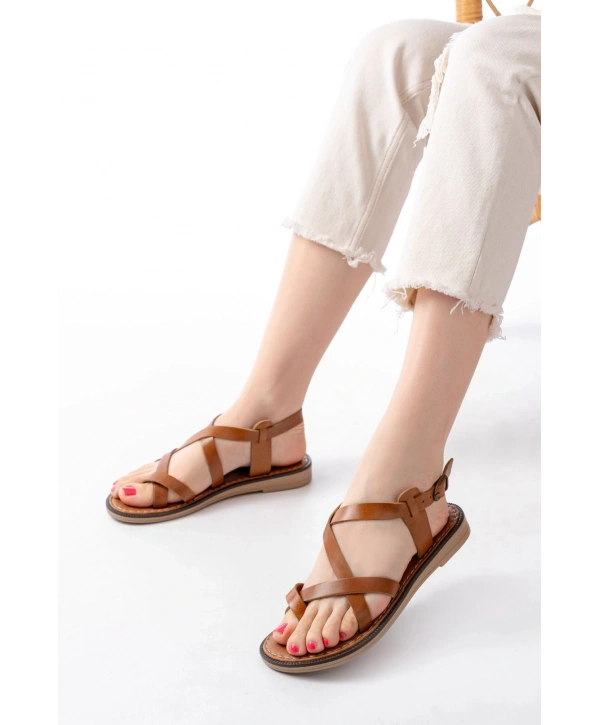 205-08 Taba Ortopedik Hakiki Deri Kadın Sandalet