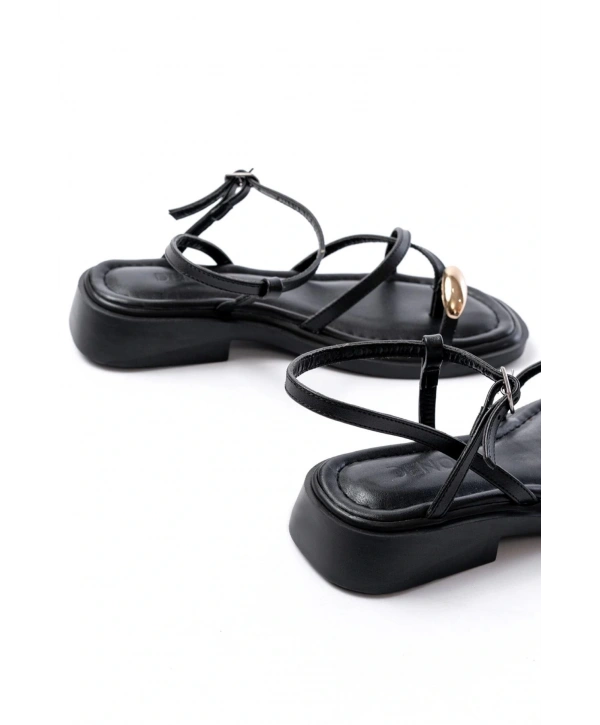 S-101 Siyah Parmak Arası Taş Detaylı Günlük Kadın Sandalet