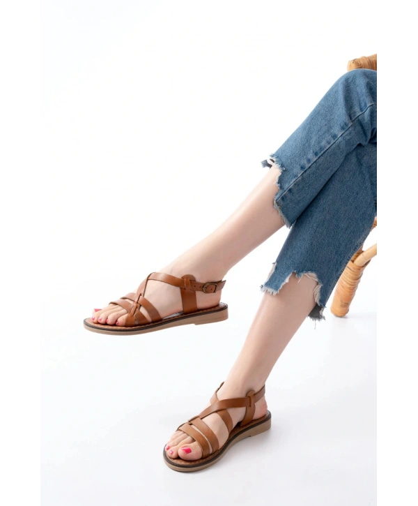 205-05 Taba Ortopedik Hakiki Deri Kadın Sandalet