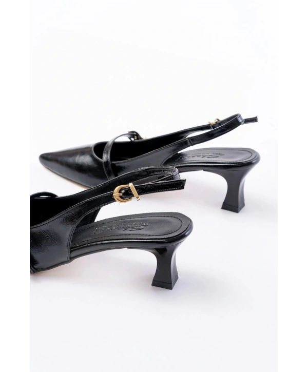 H-470 Siyah Rugan Baret Tokalı Arkası Açık Günlük Kadın Sandalet